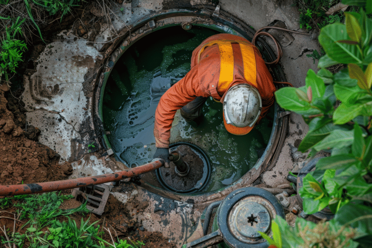 A professional performing septic system repairs